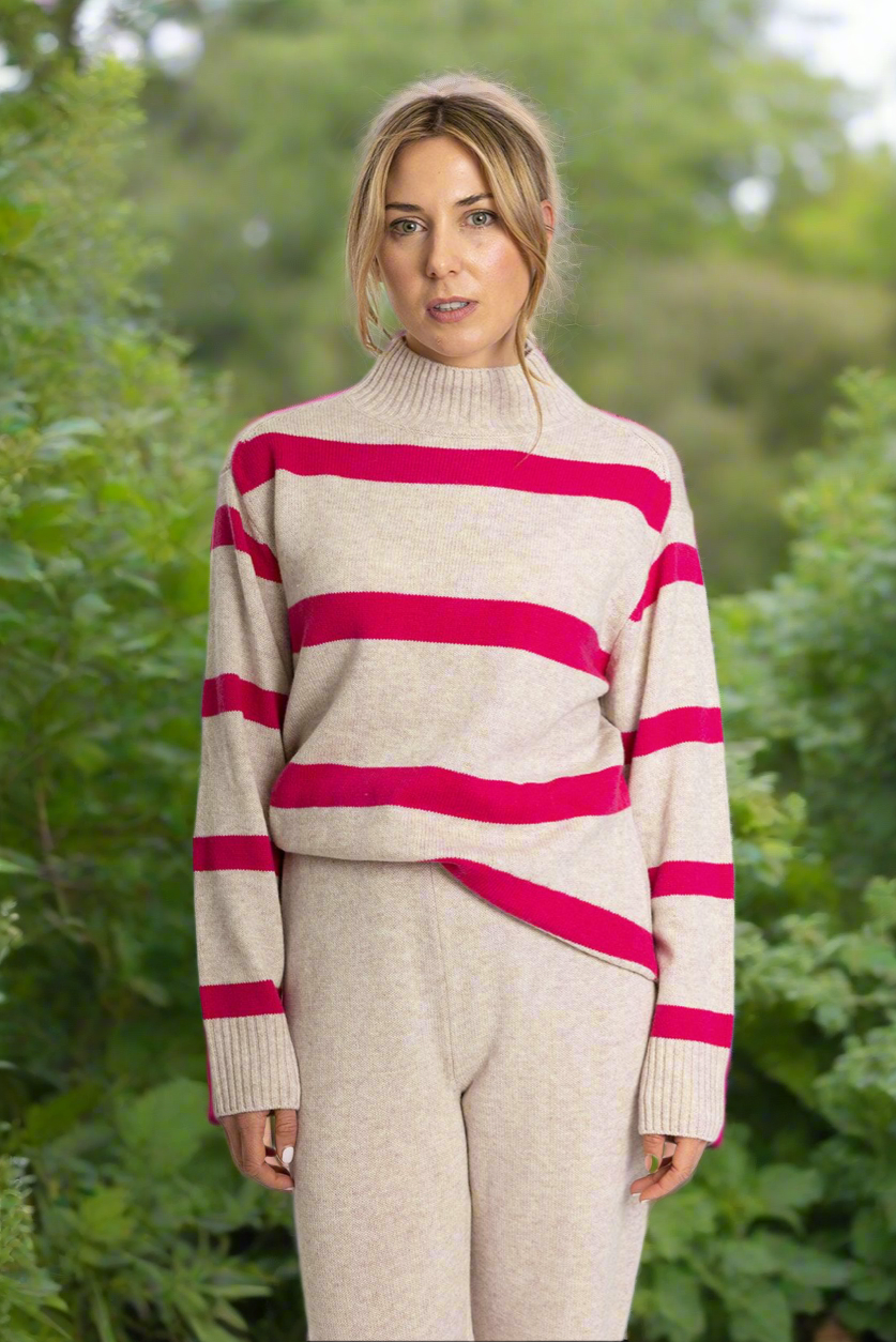 Bow & Arrow Oat/Pink Strip Polo Jumper